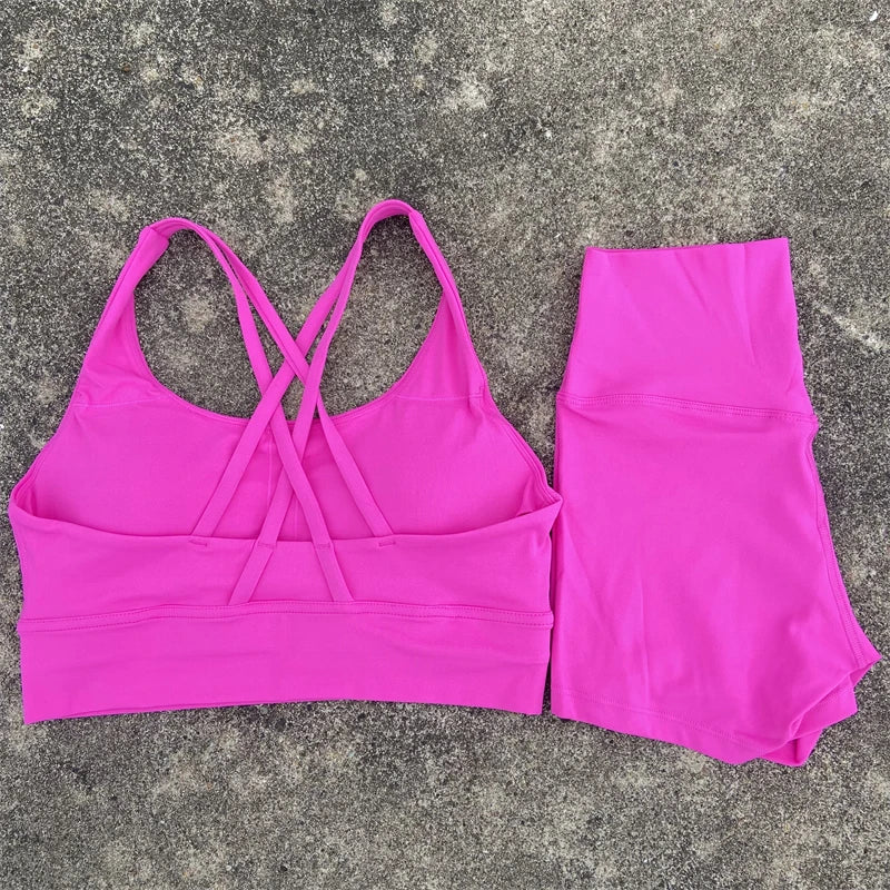 Yoga Shorts Set Gym Sports Set Women Workout Clothes 2 Piece Fitness Suit Cross Straps Bra High Waist Shorts Running Tracksuit