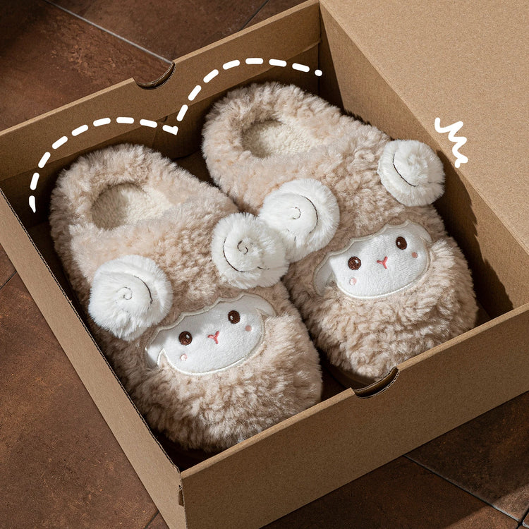 Cute Little Sheep Plush Slippers Women Winter Warm Thick Soft Sole House Shoes Indoor Fuzzy Non-Slip Comfortable Home Slides