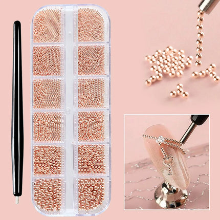 12Grid Metal Micro Caviar Beads Nail Art Charms, Gold Silver Mini Balls, 3D Nail Gem Decor with Magnetic Pen for DIY Nail Decoration
