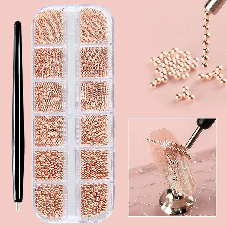 12Grid Metal Micro Caviar Beads Nail Art Charms, Gold Silver Mini Balls, 3D Nail Gem Decor with Magnetic Pen for DIY Nail Decoration