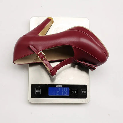 NASBAVI Fashion Female Pumps Round Toe Chunky Heels 9cm Platform 1.5cm Buckle T-Strap Tassels Plus Size 46 47 48 Sexy Shoes PlatiNum