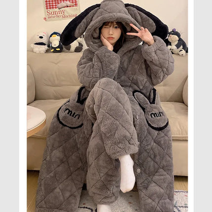 Women Winter Thickened Fleece Bathrobe Can Be Worn Outside Girls Student Hoodie Loose Pajama Two-piece Set Lady Warm Loungewear