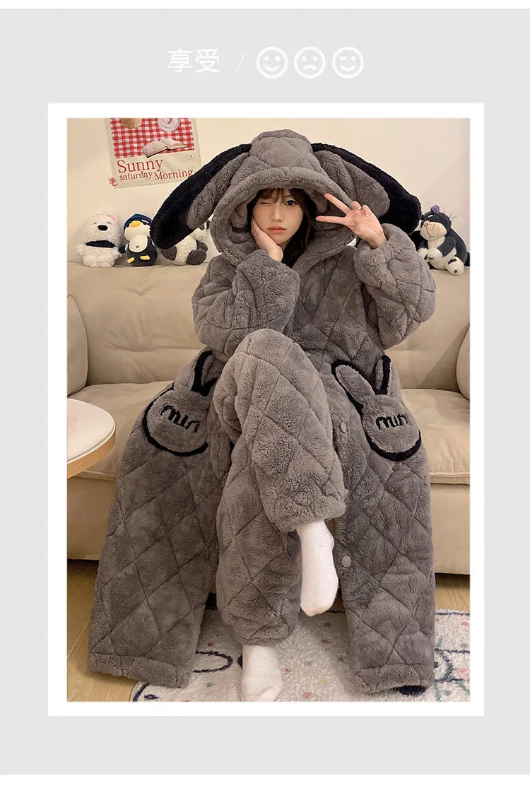 Women Winter Thickened Fleece Bathrobe Can Be Worn Outside Girls Student Hoodie Loose Pajama Two-piece Set Lady Warm Loungewear
