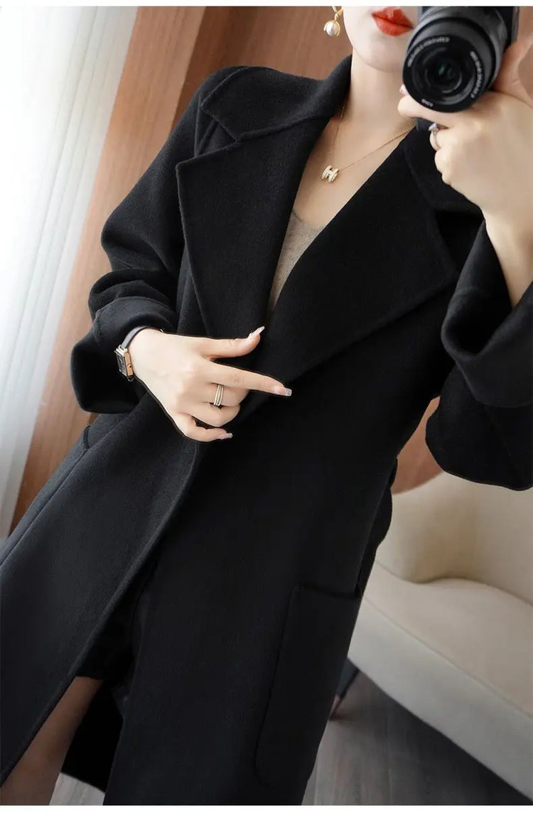 100% Wool Coat Women's Wear 2026 Autumn/Winter Fashion Temperament Double sided Cashmere Coats with Belt Elegant Long Overcoat