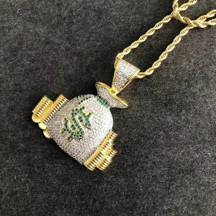 Hip Hop Ice Out Dollar Money Bag Necklace Shiny Cubic Zirconia Wallet Pendant for Men Women Hip Hop Rock Rap Cool Jewelry PlatiNum