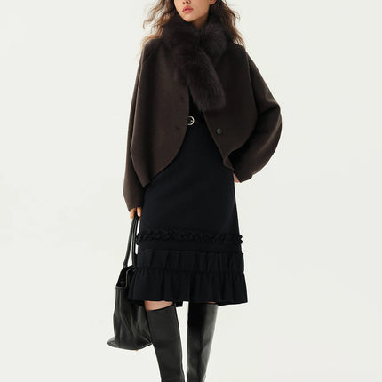 DUSHU Short Wool Coat  Fox Fur Collar and Camel Hair Women Warm Single Breasted Elegant Temperament Winter Batwing Sleeve