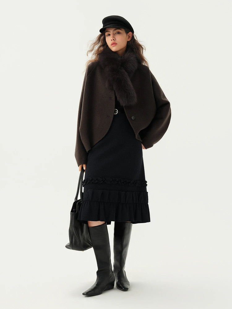 DUSHU Short Wool Coat  Fox Fur Collar and Camel Hair Women Warm Single Breasted Elegant Temperament Winter Batwing Sleeve