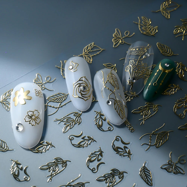 1pcs Gilded Hollow Flower Leaves Nail Art Stickers French Lines Bohemian Tassels 3D Nail Decals Rose Pattern Manicure Decoration