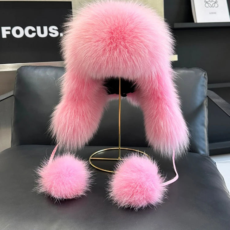 2026 100% Real Fox Fur Hats Women's Russian Ushanka Aviator Trapper Snow Skiing Hat Caps Earflap Winter Raccoon Fur Outerwear Ha
