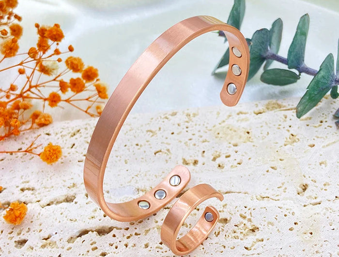 Set Bracciali e anelli in rame puro per donna Uomo Polsino semplice Braccialetti magnetici Artrite Salute Gioielli in rame massiccio platinumshop