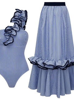 2025 Neuer sexy One-Shoulder-Badeanzug für Damen mit gestreiften Rüschen, Print, Rock, Monokini-Badeanzug d