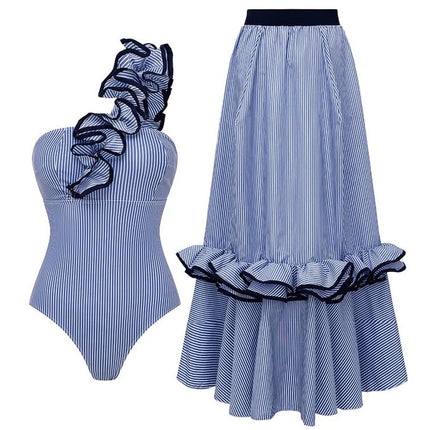 2025 Nuova donna sexy monospalla con volant a righe stampa costume intero e gonna monokini costume da bagno da spiaggia body femminile platinumshop