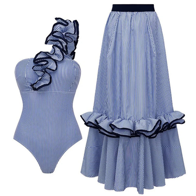 2025 Nuova donna sexy monospalla con volant a righe stampa costume intero e gonna monokini costume da bagno da spiaggia body femminile platinumshop