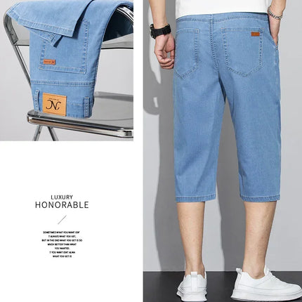 Pantaloncini jeans da uomo estivi sottili in Lyocell Blu Grigio Stile classico Elasticità Pantaloncini di jeans casual da lavoro leggeri e dritti da uomo