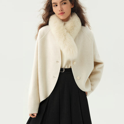 DUSHU Short Wool Coat  Fox Fur Collar and Camel Hair Women Warm Single Breasted Elegant Temperament Winter Batwing Sleeve