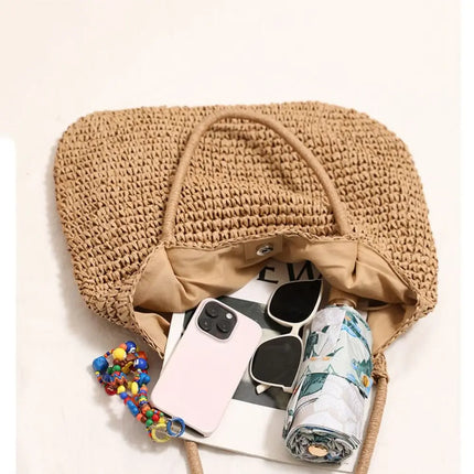 Fashionable Straw Tote Bag Large Capacity Woven Beach Bag Solid Color Casual Square Beach Bag