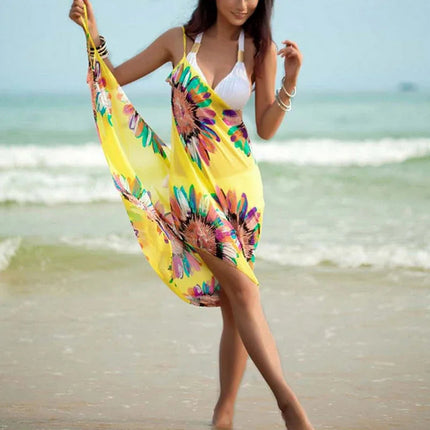 Copricostumi stampati Abito da spiaggia sexy Donna Halter Sling Chiffon Asciugamano da spiaggia Bikini Wrap Pareo Gonne Costumi da bagno aperti sul retro platinumshop