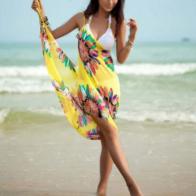 Copricostumi stampati Abito da spiaggia sexy Donna Halter Sling Chiffon Asciugamano da spiaggia Bikini Wrap Pareo Gonne Costumi da bagno aperti sul retro platinumshop