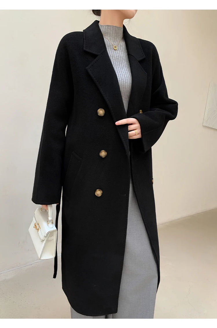 Ladies' 100% Cashmere Thick Double-Sided Extended Coat, Classic, Versatile and Fashionable for Business and Leisure