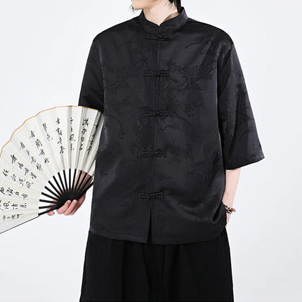 Camicie cinesi Camicia retrò in seta di ghiaccio con motivo floreale scuro Tradizionale Kung Fu Tai Chi Casual Loose Fit Top da uomo traspirante estivo