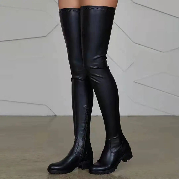 2025 Winter Over the Knee Women Boots European Platform Zipper Ladies Shoes Comfort Square High Heels Elastic Leather Long Boots PlatiNum