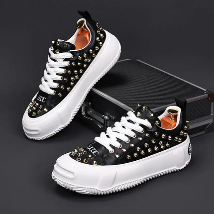 Luxury Designer Men's Punk Rivet Thick Bottom Lace Up Shoes Causal Flats Moccasins Male Rock Hip-hop Walking Sneakers