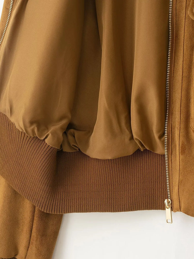 Ladies Short Vintage Faux Suede Autumn Winter Jacket Women Coat Stand-Collar Zip-up Field Trendy Streetwear Chic Jacket Female