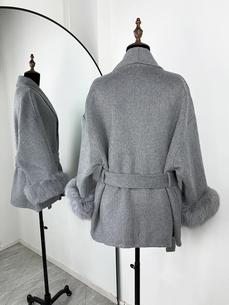 TARUXY Fox Fur Woolen Long Coats Women's Office Lady Removable Elegant Coat Double-sided Wool Overcoat 2025 New Cardigan Jacket