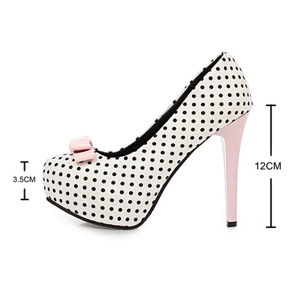 Sexy Super High Heels Women Platform Pumps Polka dot Bow Party Dress Shoes Woman Elegant Wedding Shoes Female 12cm Stilettos PlatiNum