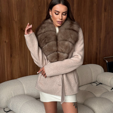 Solid Color Big Fur Collar Tied Woolen Jacket Fashion Waist Cinching Long Sleeved Short Coat 2026 Autumn Street Daily Clothing