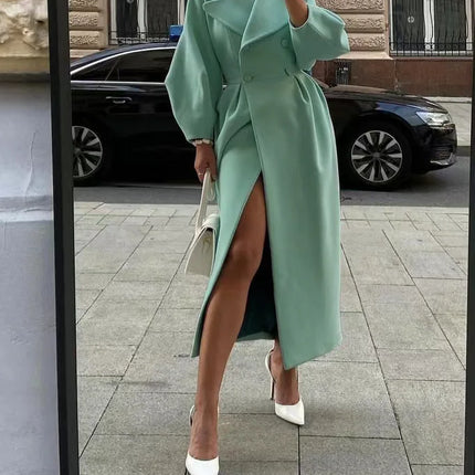 European American Retro Court Style Wool Coat, Long Length with Big Lapel & Lantern Sleeves, New Autumn Winter Outerwear