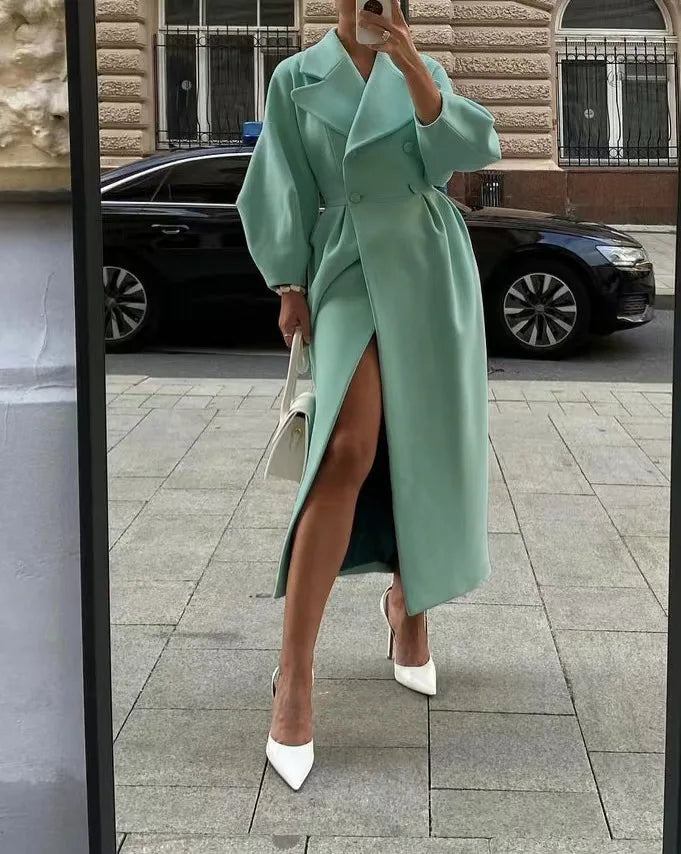 European American Retro Court Style Wool Coat, Long Length with Big Lapel & Lantern Sleeves, New Autumn Winter Outerwear
