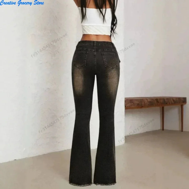 Women Vintage Washed Flare Jeans With Wide Belt Raw Hem Split Hem Seam Detail High Waist Slim Fit Denim Pants