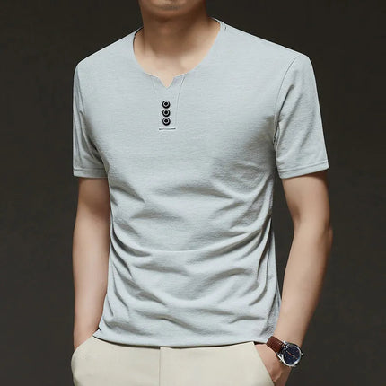 2025 New Men's Business Casual Three Button V-neck Short Sleeved T-shirt Korean Style Summer Comfortable Versatile Top PlatiNum
