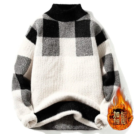 2023 Winter/Autumn Mink velvet High-Quality Fashion Trend Plaid Pattern Sweater Men Casual Loose Warm Sweaters Men Comfortable