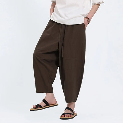 Pantaloni Harem in Cotone e Lino da Uomo, Casual, Traspiranti, Comodi, Estivi, Lunghezza al Polpaccio, Taglie Forti fino a 5XL