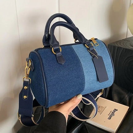 Patchwork Colorblock Mini Handbags For Women Denim Shoulder Cross Body Bags Casual Street Small Boston Bag 2025 Designer Purses PlatiNum