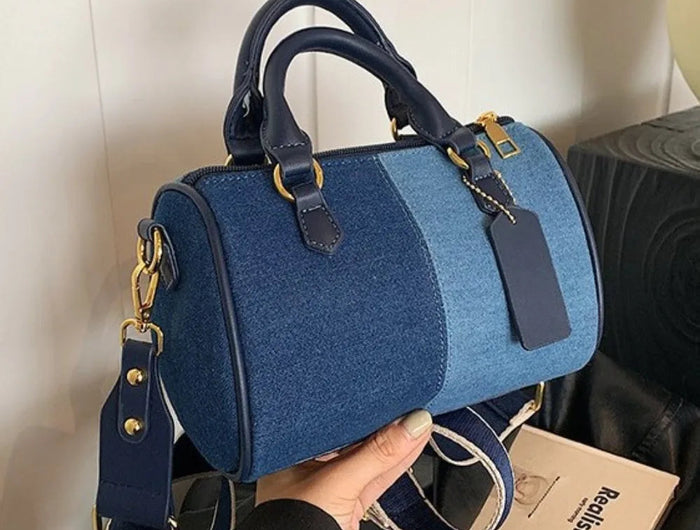 Patchwork Colorblock Mini Handbags For Women Denim Shoulder Cross Body Bags Casual Street Small Boston Bag 2025 Designer Purses PlatiNum