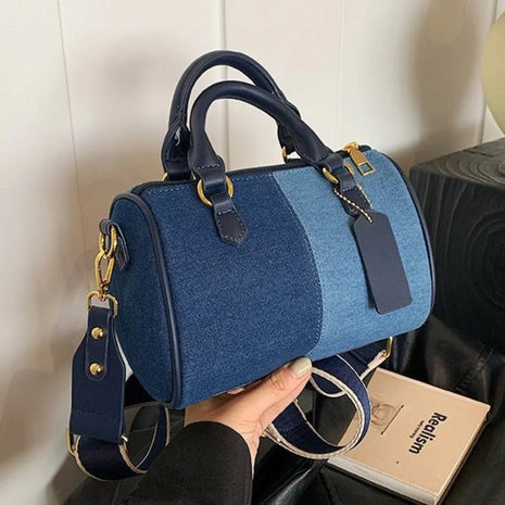 Patchwork Colorblock Mini Handbags For Women Denim Shoulder Cross Body Bags Casual Street Small Boston Bag 2025 Designer Purses PlatiNum