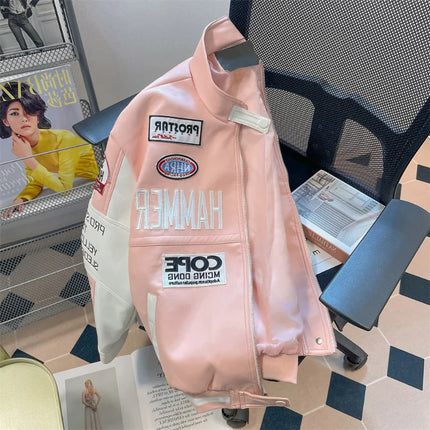 Gmiixder Motorcycle Leather Jacket Unisex High Street Hiphop Pink Bomber Jacket American Vibe Workwear Letter Baseball Uniform