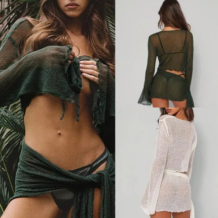 R7UF Costume da bagno da donna a maniche lunghe in rete trasparente 2 pezzi Copricostume da spiaggia Abito con fasciatura con platinumshop