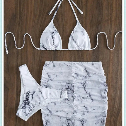 3 pezzi perizoma Bikini con gonna marmo texture costume da bagno donna costume da bagno Set costumi da bagno femminili abbigliamento da spiaggia nuoto estate platinumshop