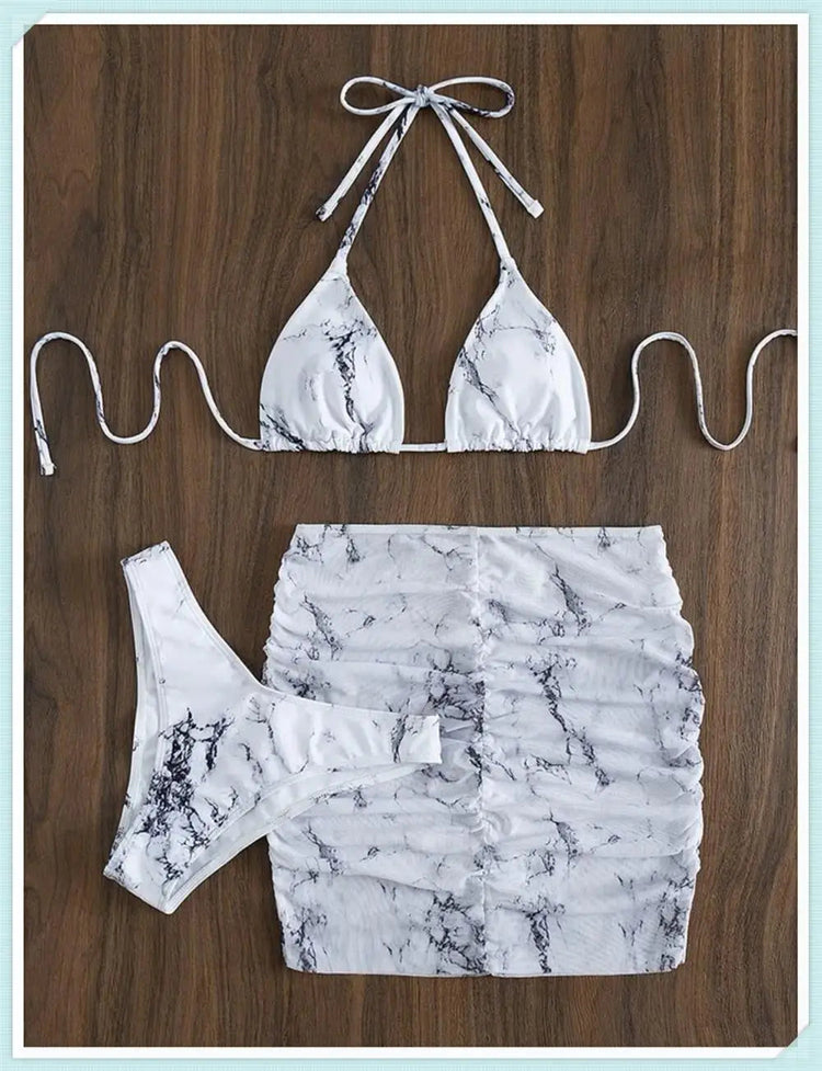 3 pezzi perizoma Bikini con gonna marmo texture costume da bagno donna costume da bagno Set costumi da bagno femminili abbigliamento da spiaggia nuoto estate platinumshop