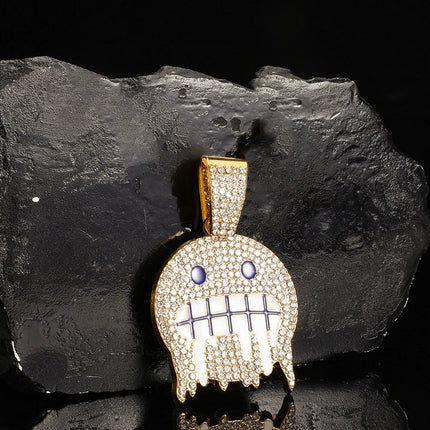 Men White Blue Cubic Zirconia Paved Hip Hop Round Face Pendants Necklaces with Cuban Chain Iced Out Bling CZ Fashion Boy Jewelry PlatiNum