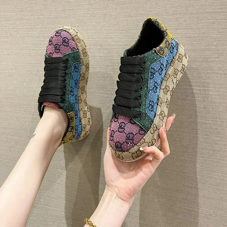 Spring 2025 New Khaki Crystal Women's Sneakers Fashion Versatile Casual Ladies Party Shiny Female Shoes