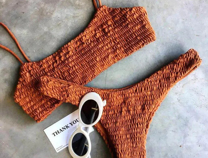 Nuovo Set Bikini Sexy da Donna con Reggiseno Imbottito Push-up, Costume da Bagno Plissettato per Nuoto e Spiaggia PlatiNum
