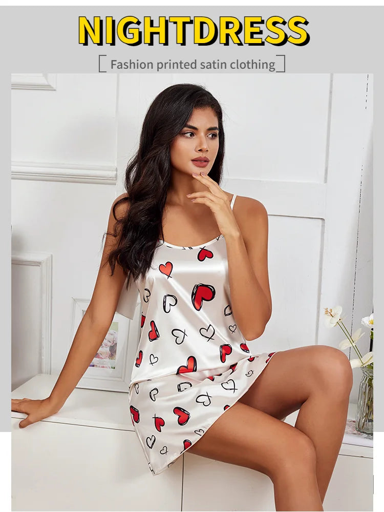 Indumenti da notte sexy per le donne Lingerie in raso Chemise Slip Camicia da notte Abito corto Camicia da notte Babydoll Pigiama Stampa Homewear Pijama