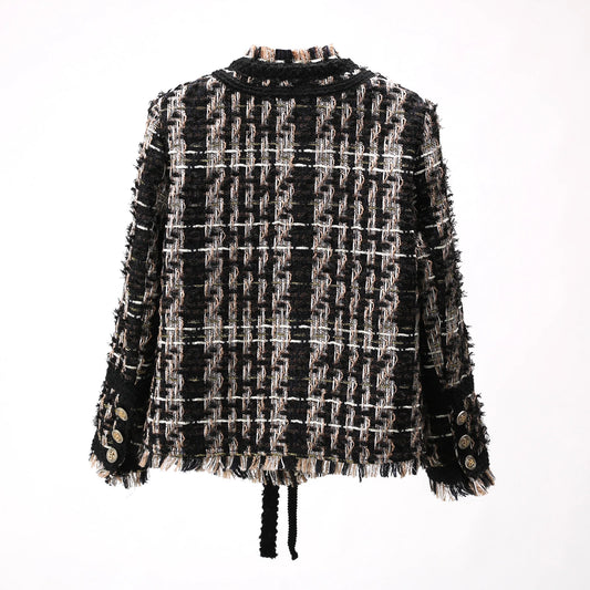 2025 new style fashionable and elegant heavy-duty black gold tassel wool temperament tweed jacket