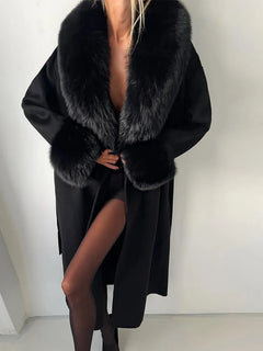 Women's Solid Color Lace Up Fur Collar Woolen Overcoat Bathrobe Style Long Loose Coat Advanced Atmosphere Autumn Winter Overwear