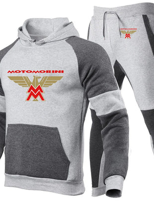 2024 Spring Autumn Men's Moto Morini Logo Print Sports Splicing Cotton Hooded Tracksuit+Jogging Sweatpants Trend Comfortable Set PlatiNum